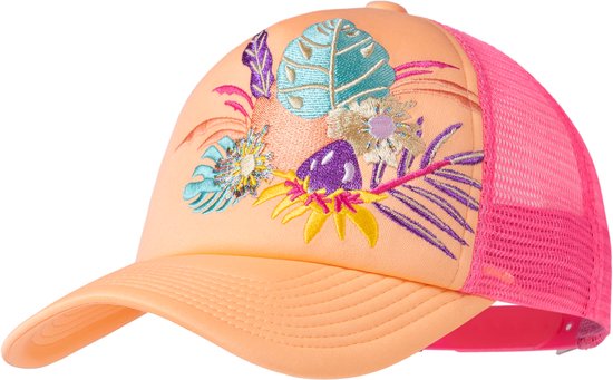 Oranje truckerpet met roze gaas en geborduurde tropische bloemen en bladeren.
