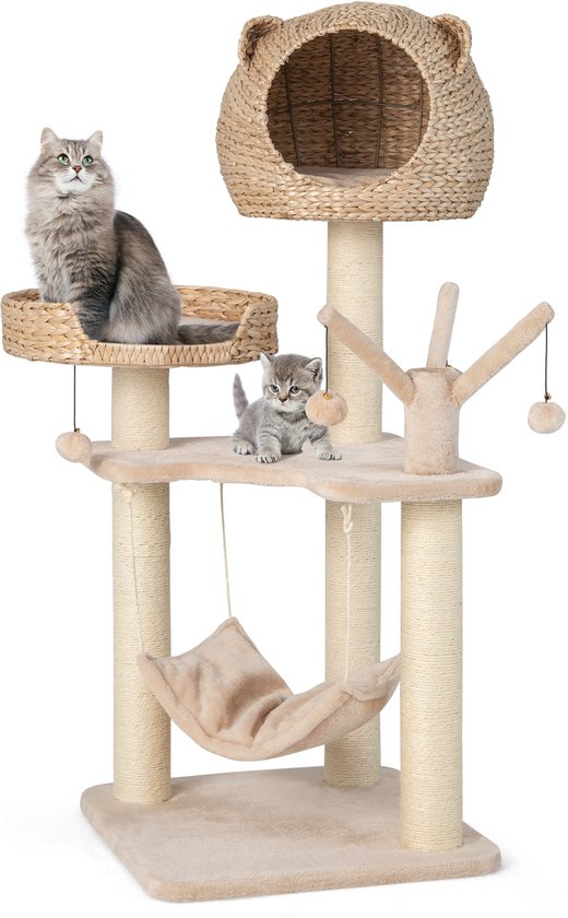COSTWAY Kattenboom Met Hol, 121 Cm Hoog, Kattenkrabpaal Hangmat 4 Pluche Ballen Bed Klein Klimboom Kattenhol Van Buiszuigerdons Kattenmeubel Kattenhuis 650915978