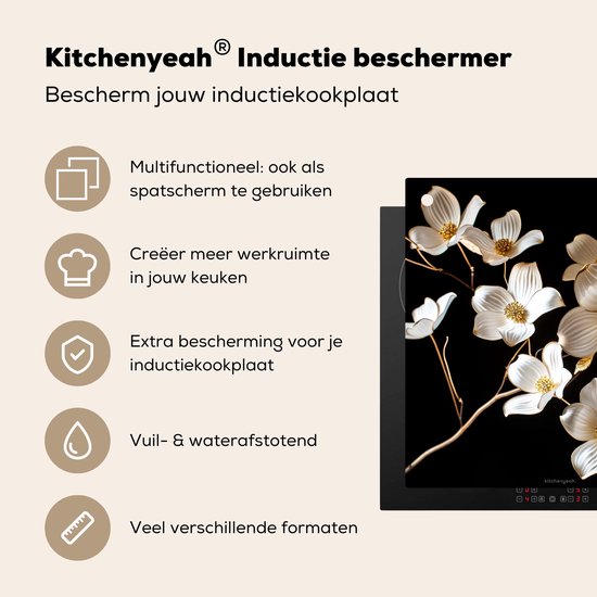 KitchenYeah® Inductie beschermer 78x78 cm - Bloemen - Wit - Goud - Kookplaataccessoires - Afdekplaat voor kookplaat & Spatscherm achterwand - Inductiebeschermer - Inductiemat - Inductieplaat mat - Keuken decoratie