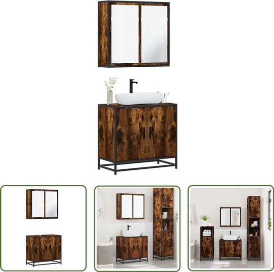 The Living Store 2-delige Badkamermeubelset bewerkt hout gerookt eikenkleurig - Badkamermeubilair - Badkamerspiegel - Wastafelkast - Houten Badkamermeubel - Industrieel Design