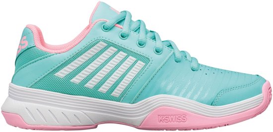 Turquoise K-Swiss tennisschoen met roze accenten, witte strepen en 'K-SWISS' logo.