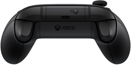Zwarte Xbox controller van de achterkant, met textuur handvatten en Xbox logo.