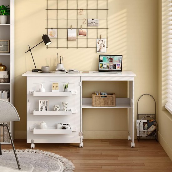 GIANTEX Naaitafel met 6 wielen, inklapbare naaikast, ruimtebesparend, met 18 haken, 2 draadhouders en 4 open planken, ideaal voor thuis, werkkamer en kantoor
