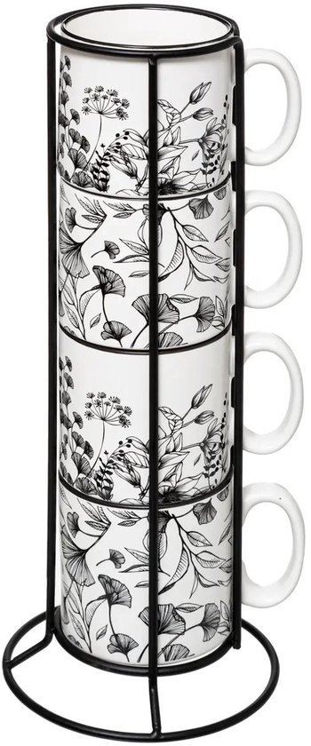Tasses à Café Secret de Gourmet Fleurs - 8 pièces sur support métallique - Céramique - finition brillante - 240 ml - 7 x 8 cm