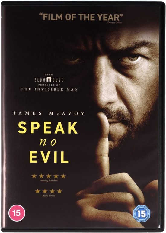 DVD-hoes van "Speak No Evil" met James McAvoy die een vinger voor de lippen houdt.
