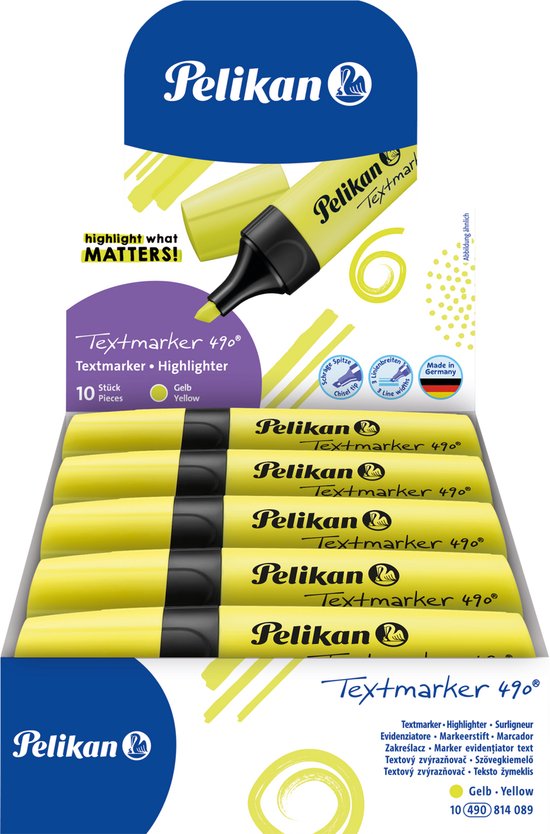 Boîte contenant dix surligneurs Pelikan Textmarker 490 jaunes.