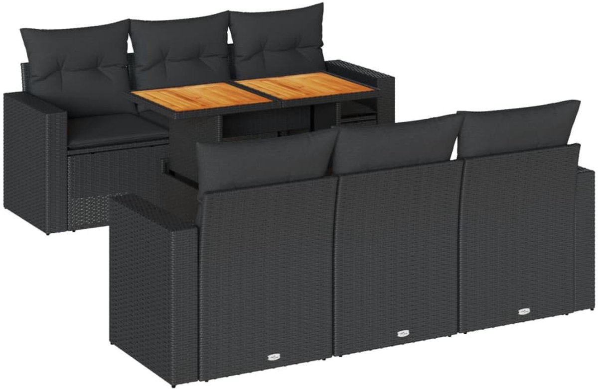 The Living Store 7-delige Loungeset met kussens poly rattan zwart - Loungebank - Lounge Set - Tuinbank - Buitendecoratie - Outdoor Furniture