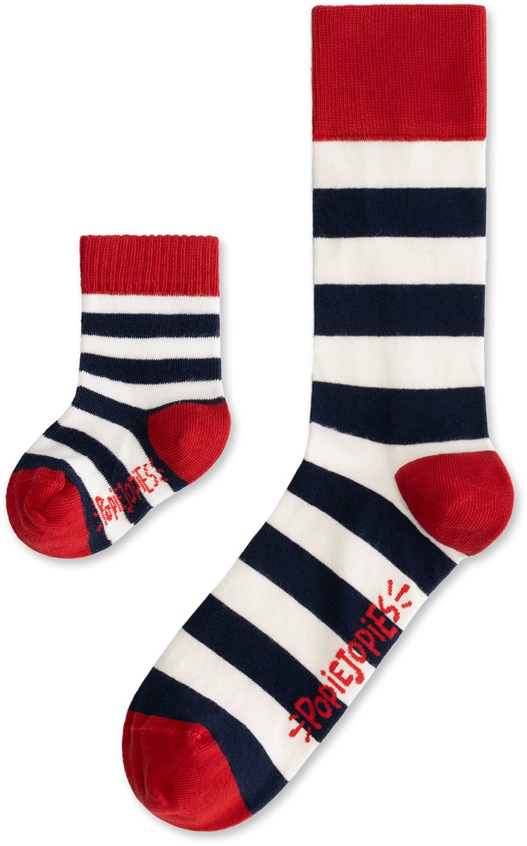 Popiejopies matching sokken Streepje Voor | maat: 41-46 + 12-24 maanden | rood-wit-blauw gestreepte sokken