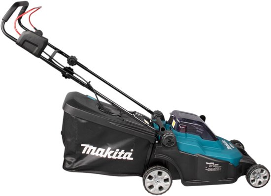 Makita elektrische grasmaaier in turquoise en zwart, met grasopvangzak, gezien vanaf de achterkant.