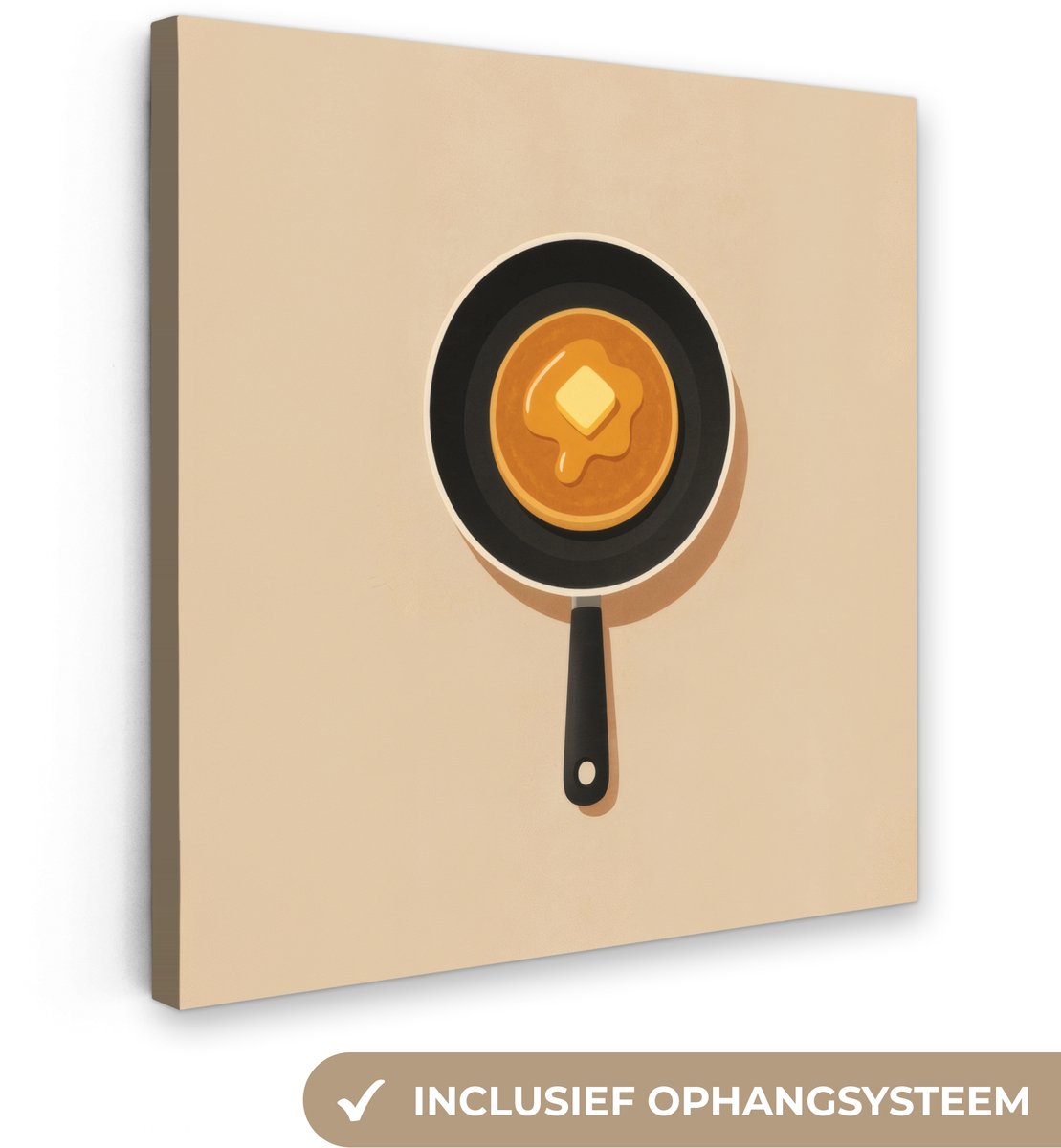 Canvas schilderij 90x90 cm - Exclusieve wanddecoratie Pannenkoek - Koekenpan - Boter - Min
