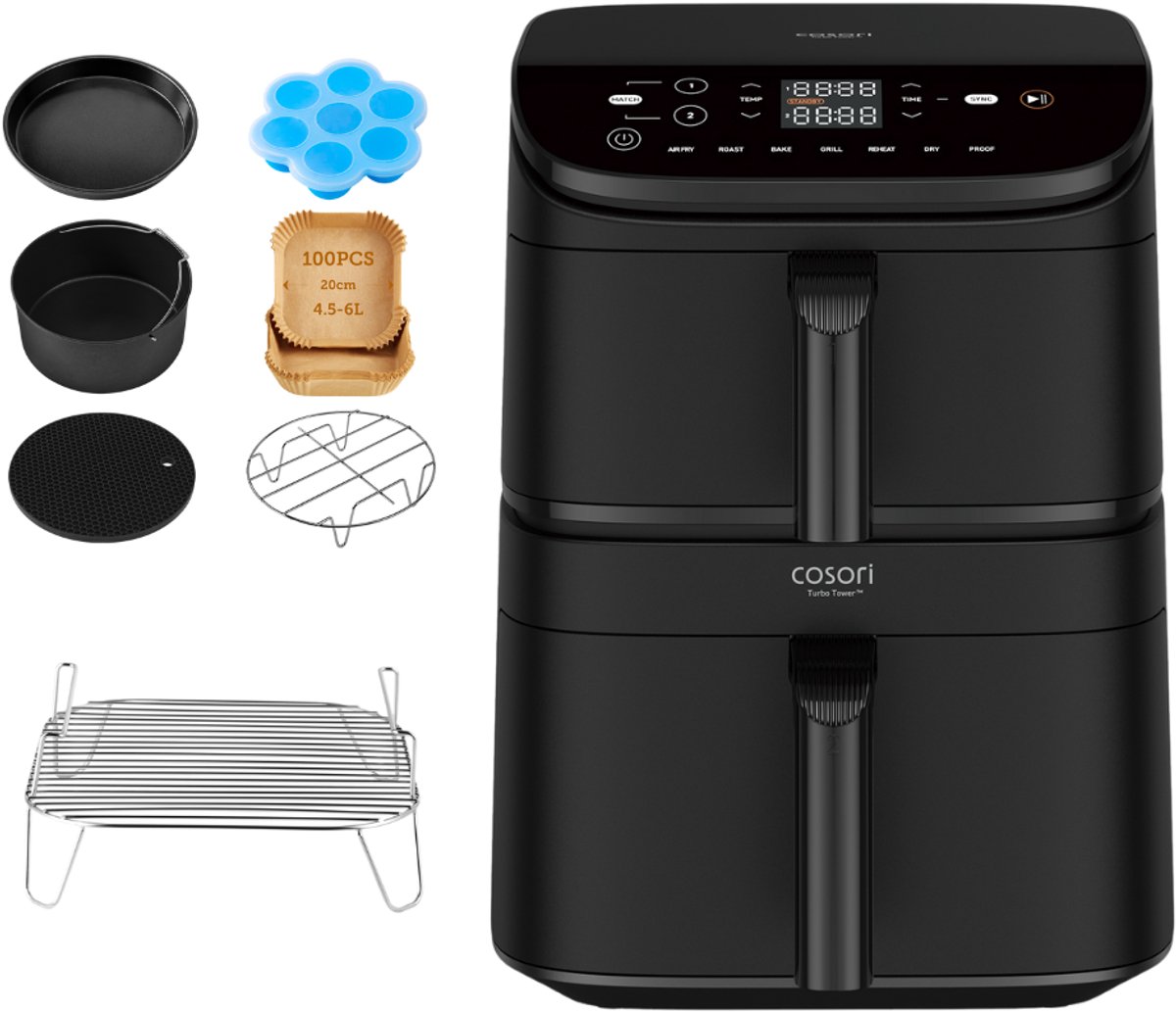 Cosori XXL Airfryer Turbo Tower - 10.8 liter inhoud - 2 manden apart in te stellen - 7 programma's - met Cosori accessoire set