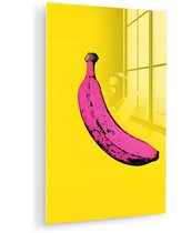 MuchoWow® Glasschilderij 120x180 cm - Schilderij acrylglas - Banaan - Grafisch - Geel - Foto op glas - Muurdecoratie woonkamer - Wanddecoratie slaapkamer - Schilderijen