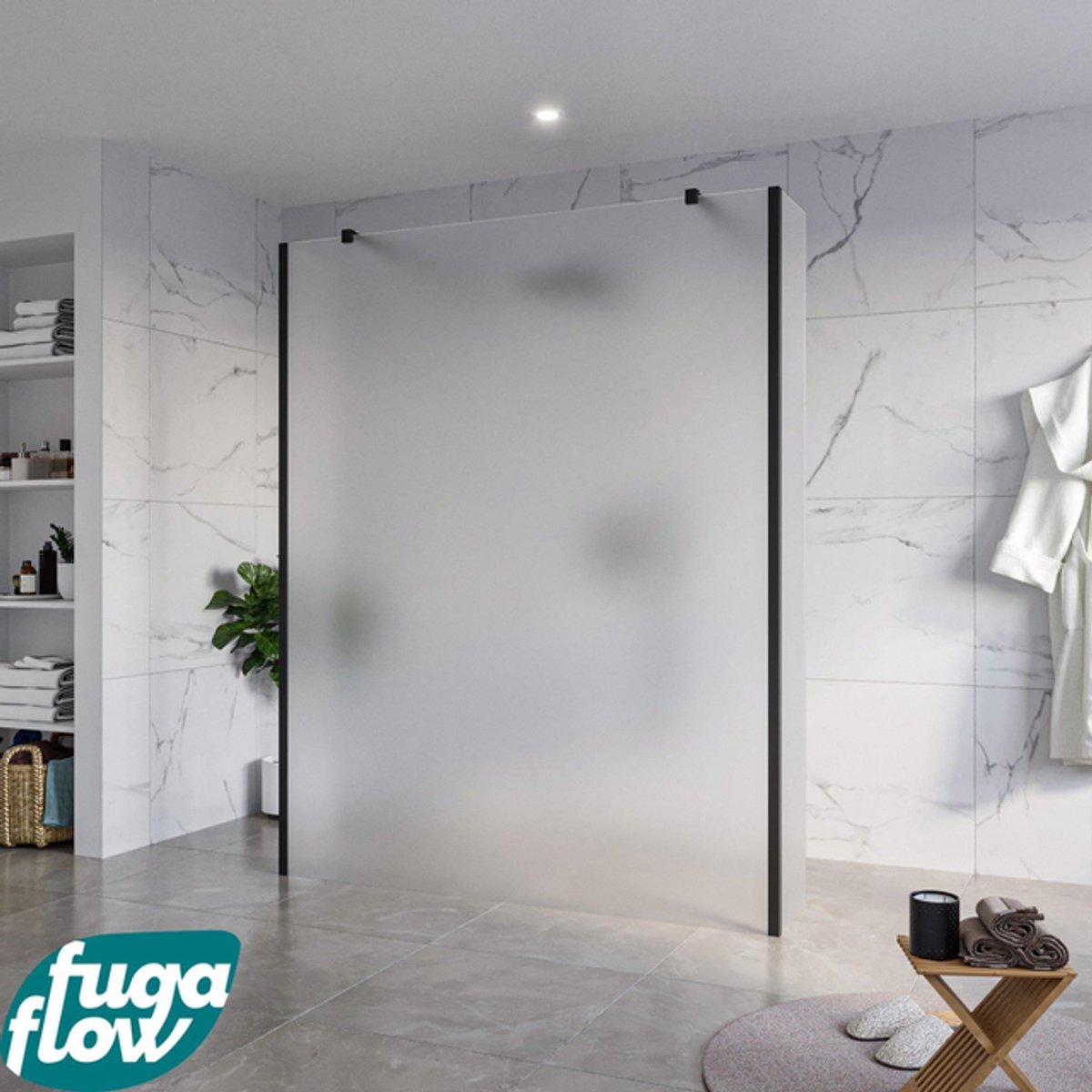 FugaFlow Eccelente Vetro Vrijstaande inloopdouche badkamer - 160x200cm - Glas mat - antikalk - 8mm veiligheidsglas - 2 zijwanden 30cm - met wandarmen en hoekprofielen - Zwart mat -