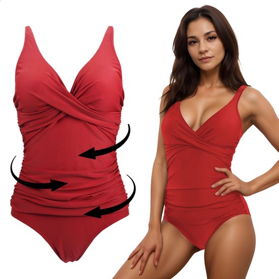 RENALUX - Maillot de bain gainant femme à Bracelets réglables - Maillot de bain gainant - Maillots de bain gainants femme - Rouge - M