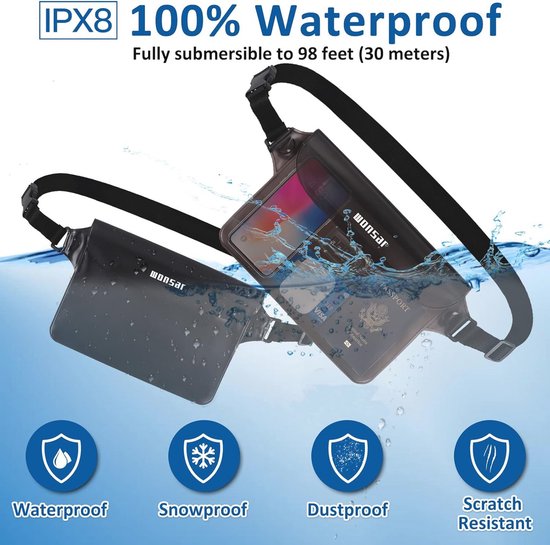 DRENCH 100% Onderwater Waterdichte Heuptas. Onderdompelbare Waterdichte Telefoonhoes. Drybag voor Zwemmen & Snorkelen. Onderwater Telefoonhoes. Waterdichte Heuptas. (Zwart