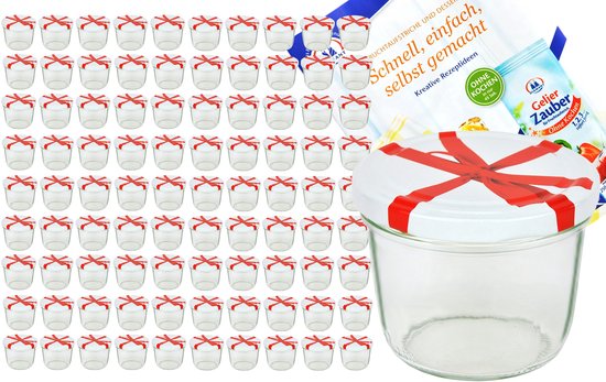 Set van 100 bekers 230 ml Naar 82 lint decor deksel incl. Diamant Gelierzauber receptenboekje