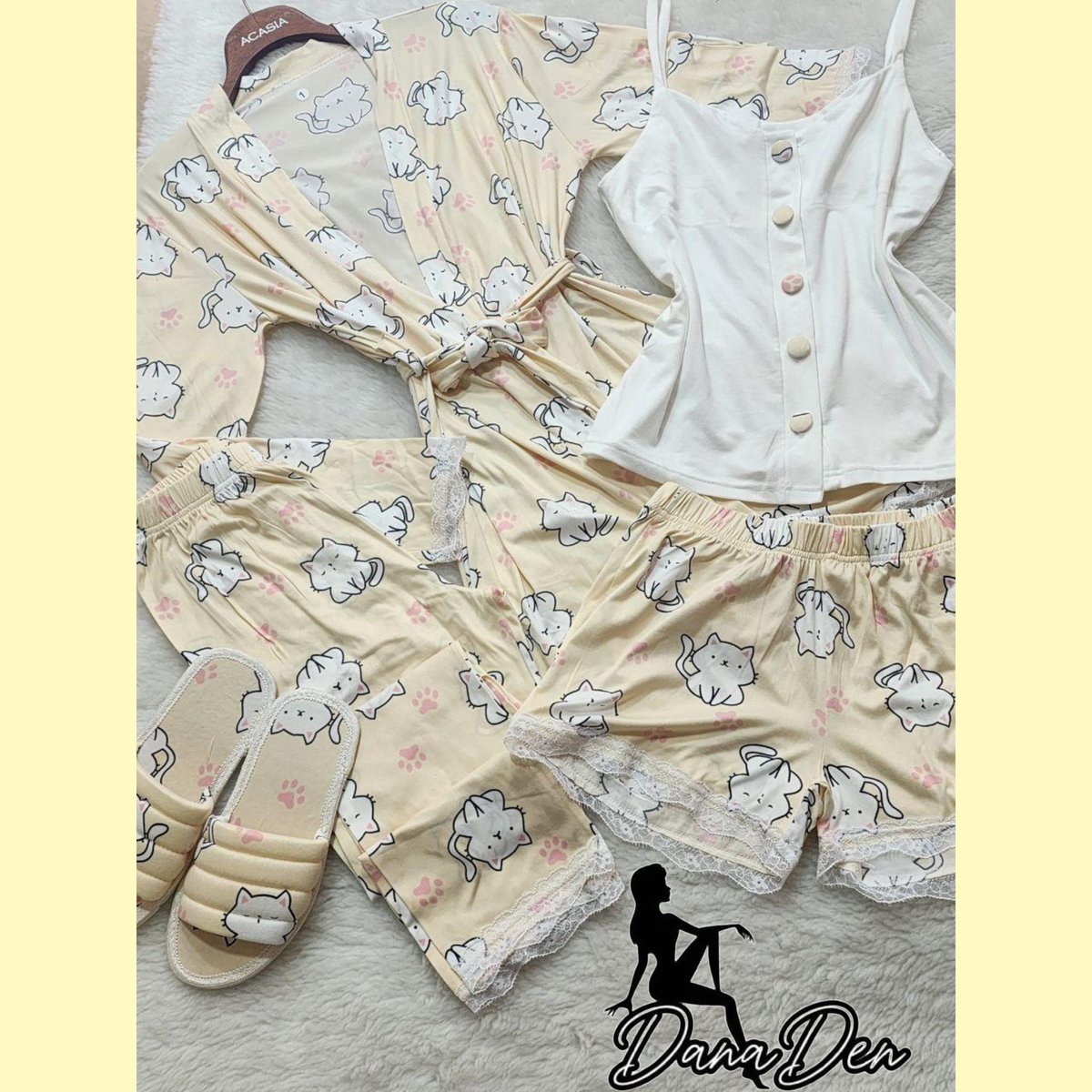 Dames Pyjama Set Kattenprint - Yallow, S/M