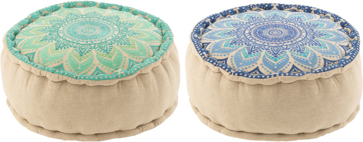 J-Line poef Rond Bloem - katoen - turquoise/blauw - 2 stuks
