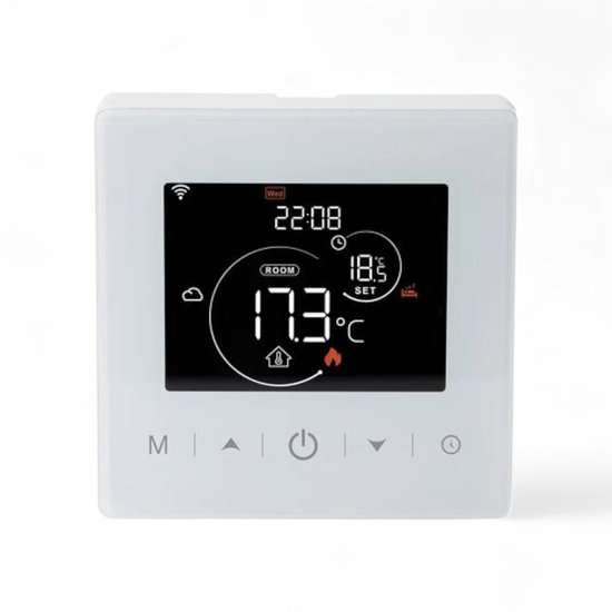 Slimme Opbouw Thermostaat met tiptoetsen | 3x AAA | geschikt voor 2-draads aansluiting | C.V. Installatie | Boiler | Wit | 3amp | Slimme statistieke