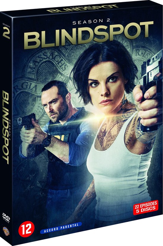 DVD-hoes "Blindspot Seizoen 2" met vrouw met tatoeages en man met wapen.