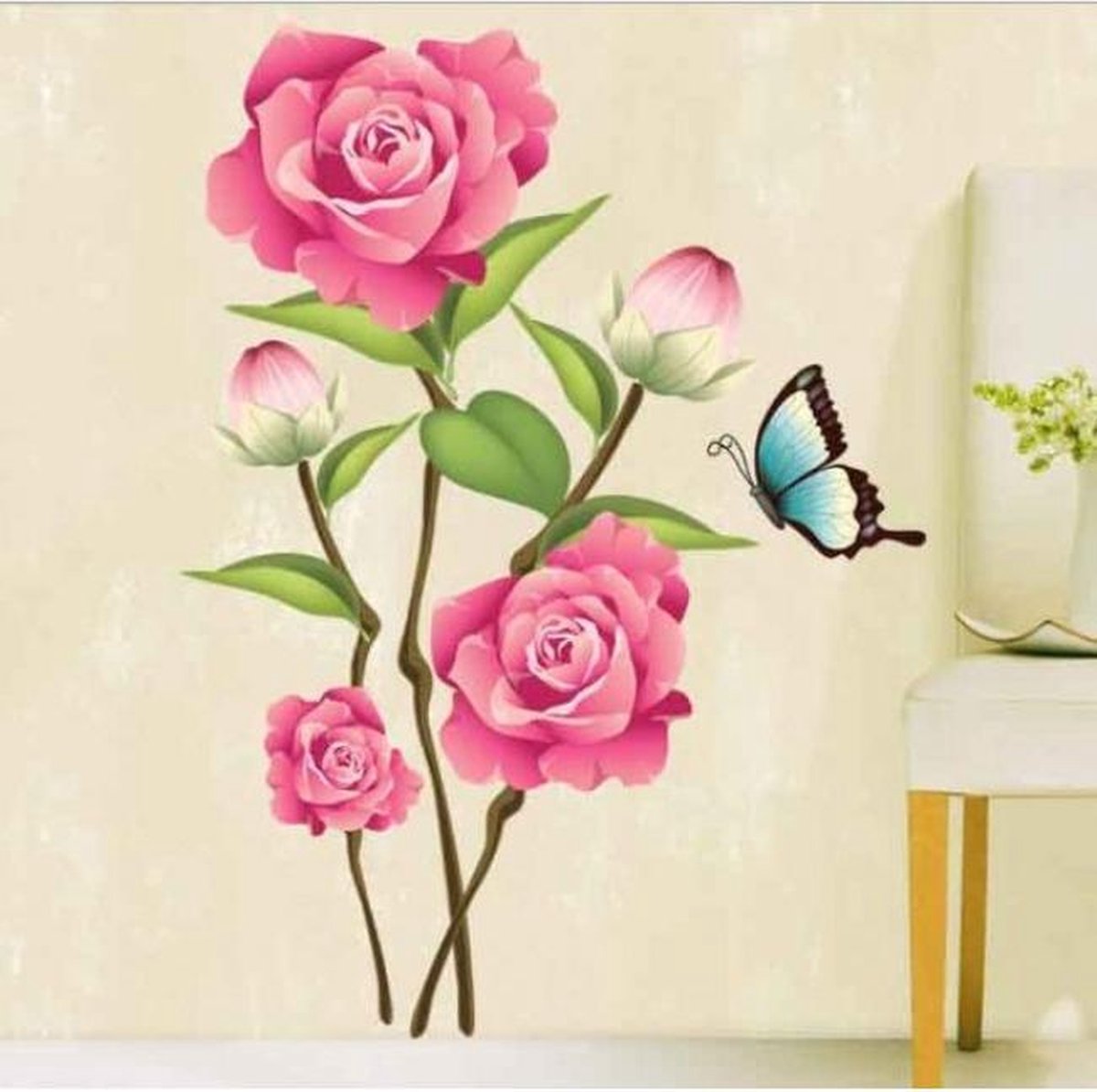 Mooie Muursticker Prachtige Roze Rozen met Kleurrijke vlinders - Bloemen Muursticker