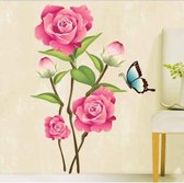 Mooie Muursticker Prachtige Roze Rozen met Kleurrijke vlinders - Bloemen Muursticker