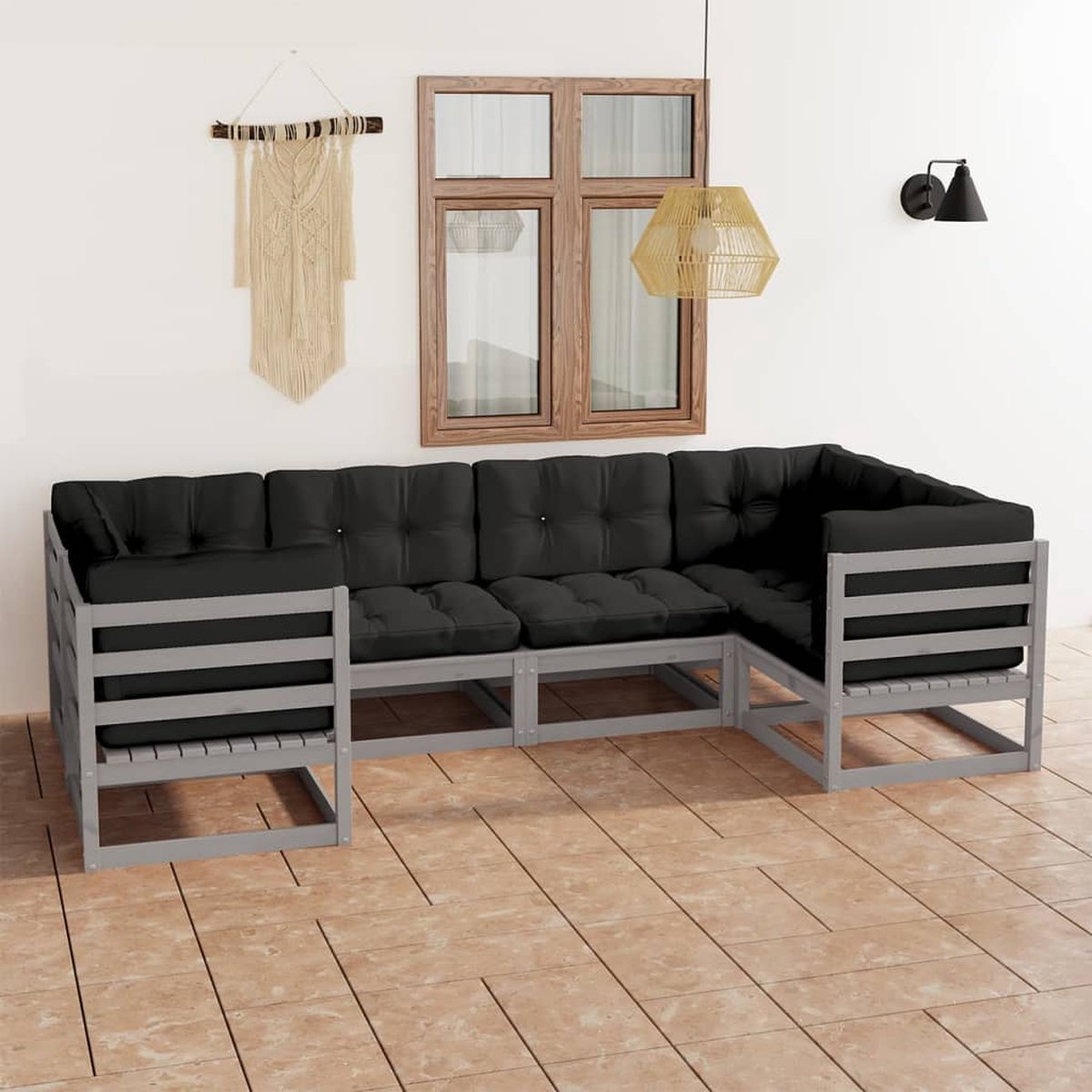 The Living Store 6-delige Loungeset met kussens massief grenenhout grijs - Loungeset - Tuinmeubels - Houten Lounge Set - Grenenhout - Loungestoel