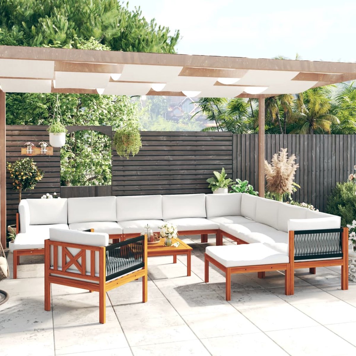 The Living Store 12-delige Loungeset met kussens massief acaciahout crèmekleurig - Loungebank - Loungeset - Acacia Meubels - Buitendecor - Tuinmeubilair