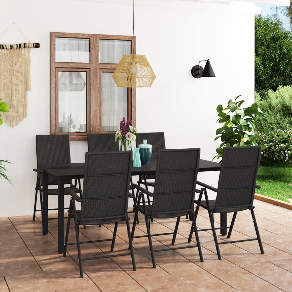 The Living Store 7-delige Tuinset zwart - Tuinmeubles - Eetkamerset - Buitendecor - Lounge Set - Relaxfauteuil
