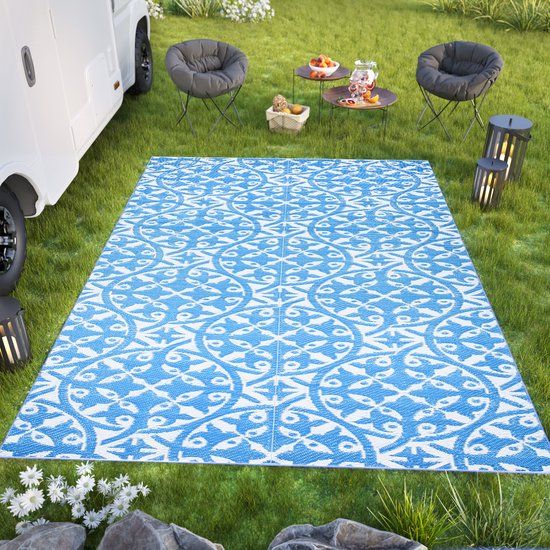 Tapiso Ibiza Buitenkleed Blauw Outdoor Buitenmat Picknick Maat- 90x150
