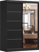Zweefdeurkast Kledingkast met Spiegel,decoratieve afwerking aan de voorkant, Garderobekast met planken en kledingstang: 150x200x61 cm - Beni 05 Dark (Zwart, 150)