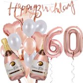 60 Jaar Verjaardag Cijferballon 60 - Feestpakket Snoes Ballonnen Pop The Bottles - Rose White Versiering