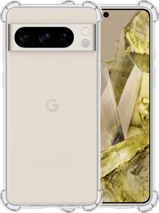 Coque de protection transparente avec coins renforcés, enveloppant un Google Pixel 8 Pro beige.