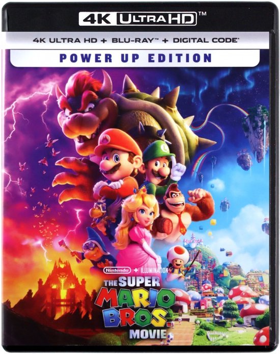 Voorzijde van de 4K Ultra HD Blu-ray hoes 'Power Up Edition' met Mario, Luigi, Peach, Donkey Kong, Bowser en Toad tegen een paarse, bliksemachtige achtergrond.