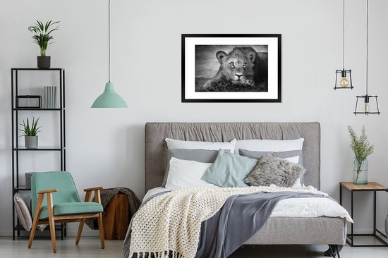 Cadre photo avec affiche - Animaux sauvages - Lion - Nature - Zwart - Wit - 90x60 cm - Cadre pour affiche