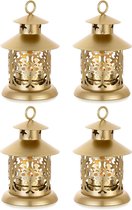Theelicht lantaarn gouden decoratie - Set van 4 vintage lantaarns kaars metaal klein met gravure voor kaarsen, tafeldecoratie, bruiloft, Kerstmis, Ramadan, balkon, tuin, outdoor