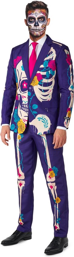 Suitmeister Sugar Skull Purple - Heren Pak - Skelet Pak - Carnaval Kostuum - Meerkleurig - Maat: L