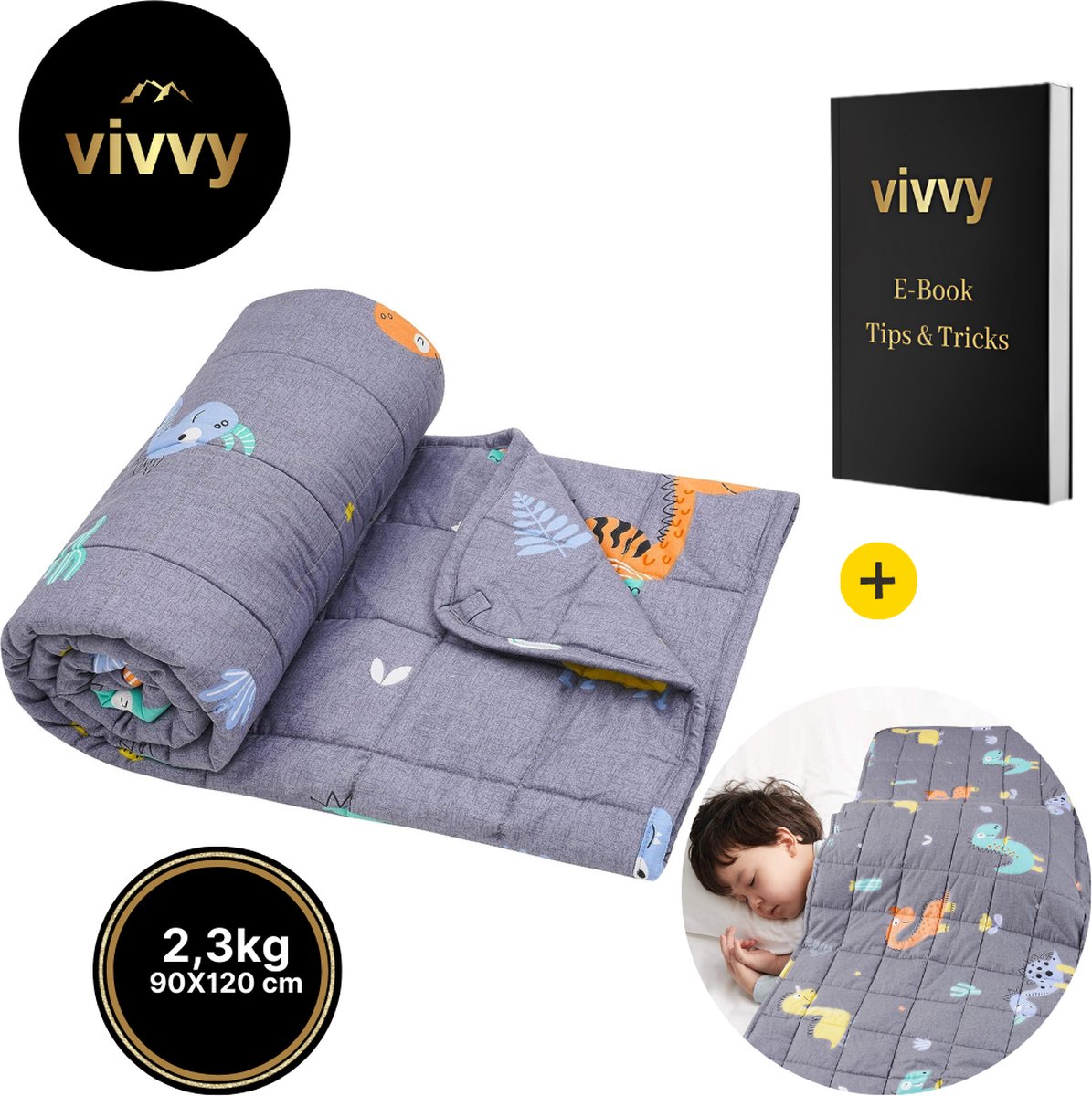 Verzwaringsdeken Kind 2 In 1 - Zware Deken Wasbaar - Weighted Blanket Comfortabel - 100% Tevredenheidsgarantie - Dinosaurus Editie -2.3 Kg - 90*120 Cm