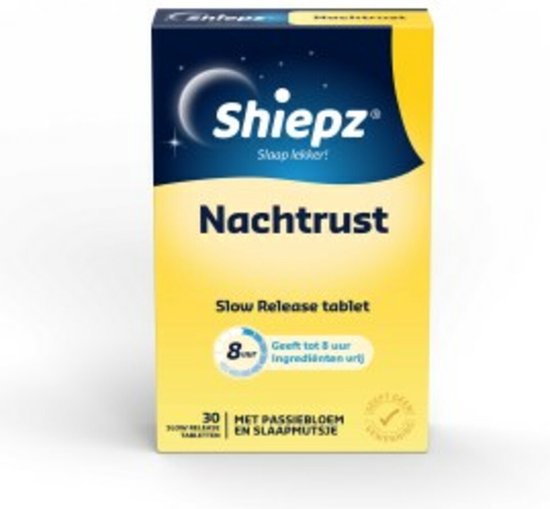 Verpakking Shiepz Nachtrust Slow Release tablet, 30 tabletten, met passiebloem en slaapmutsje.