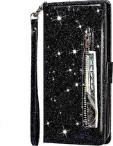 LuxeBass Boekhoesje geschikt voor iPhone SE 2020 / 7 / 8 Glitter Bookcase met rits - hoesje - portemonneehoesje - Zwart - telefoonhoes - gsm hoes - telefoonhoesjes