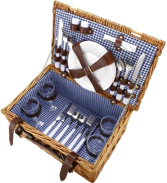 Panier de pique-nique en osier LuxeBass avec couvercle, Assiettes à Couverts , tapis en Verres | Panier pique-nique 22L pour 4 personnes | Panier à pique-nique - LB618