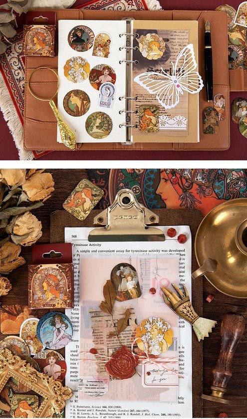 Art Nouveau stickers in een notitieboekje, met afbeeldingen van vrouwen, bloemen en vlinders. Gouden details.