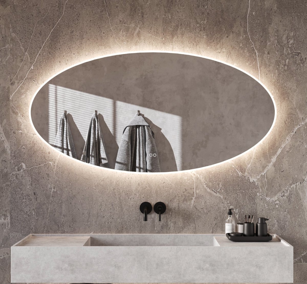 Ovale badkamerspiegel met directe en indirecte verlichting, verwarming, instelbare lichtkleur en dimfunctie 160×70 cm