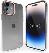 Coverzs telefoonhoesje geschikt voor Apple iPhone 12 hard case met metalen camera bumper - doorzichtige hard cover met opstaande randen rondom camera - camera bescherming - roze