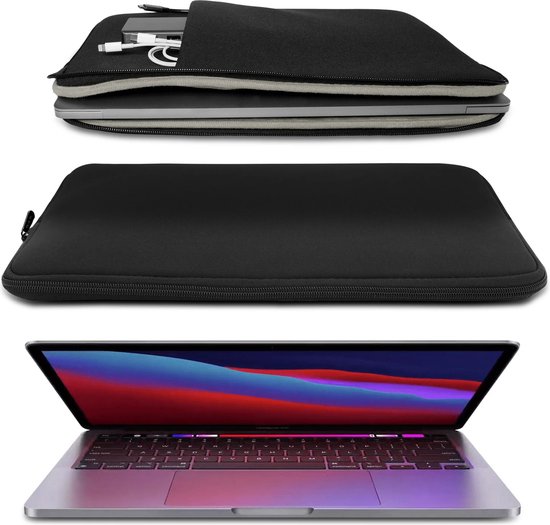 Zwarte laptophoes met laptop en accessoires