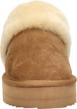 Achterkant van een cognacbruine suède pantoffel met crèmekleurige bontvoering en platformzool.