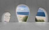 Fotobehang - Vlies Behang - 3D Strand en Zee door de Betonnen Ramen - 254 x 184 cm