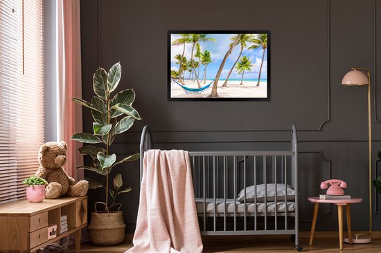 Photo encadrée - Hamac entre palmiers sur la plage près du cadre photo République Dominicaine noir 90x60 cm - Affiche encadrée (Décoration murale salon / chambre) / Mer et plage