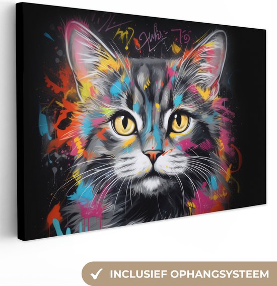 Canvas Schilderij Kat - Graffiti - Dieren - Kleuren - Grijs - 90x60 cm - Wanddecoratie