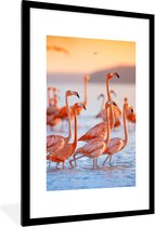 Poster - Fotolijst - Flamingo - Zonsondergang - Vogel - Tropisch - Kader - 80x120 cm - Poster frame - Poster flamingo - Poster dieren - Foto in lijst - Kamer decoratie